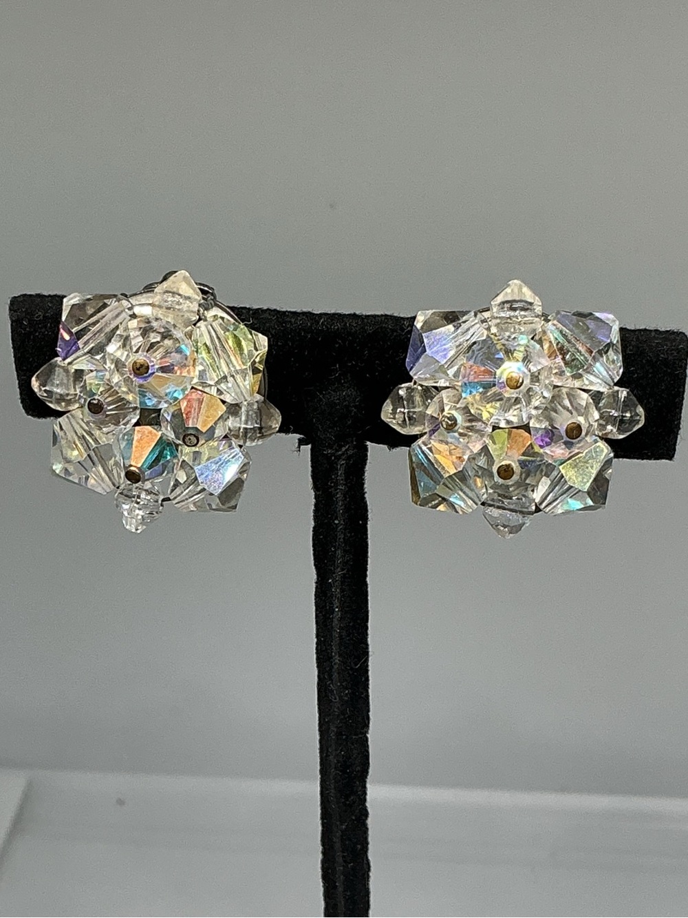 Vintage Garné Jewelry Aurora Borealis Crystal Cluster Clip-On Earrings Hand Set